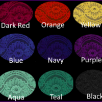 Lace color chart showing available options including red, dark red, orange, yellow, green, dark green, blue, navy, purple, light pink, fuchsia, aqua, teal, black, and white.