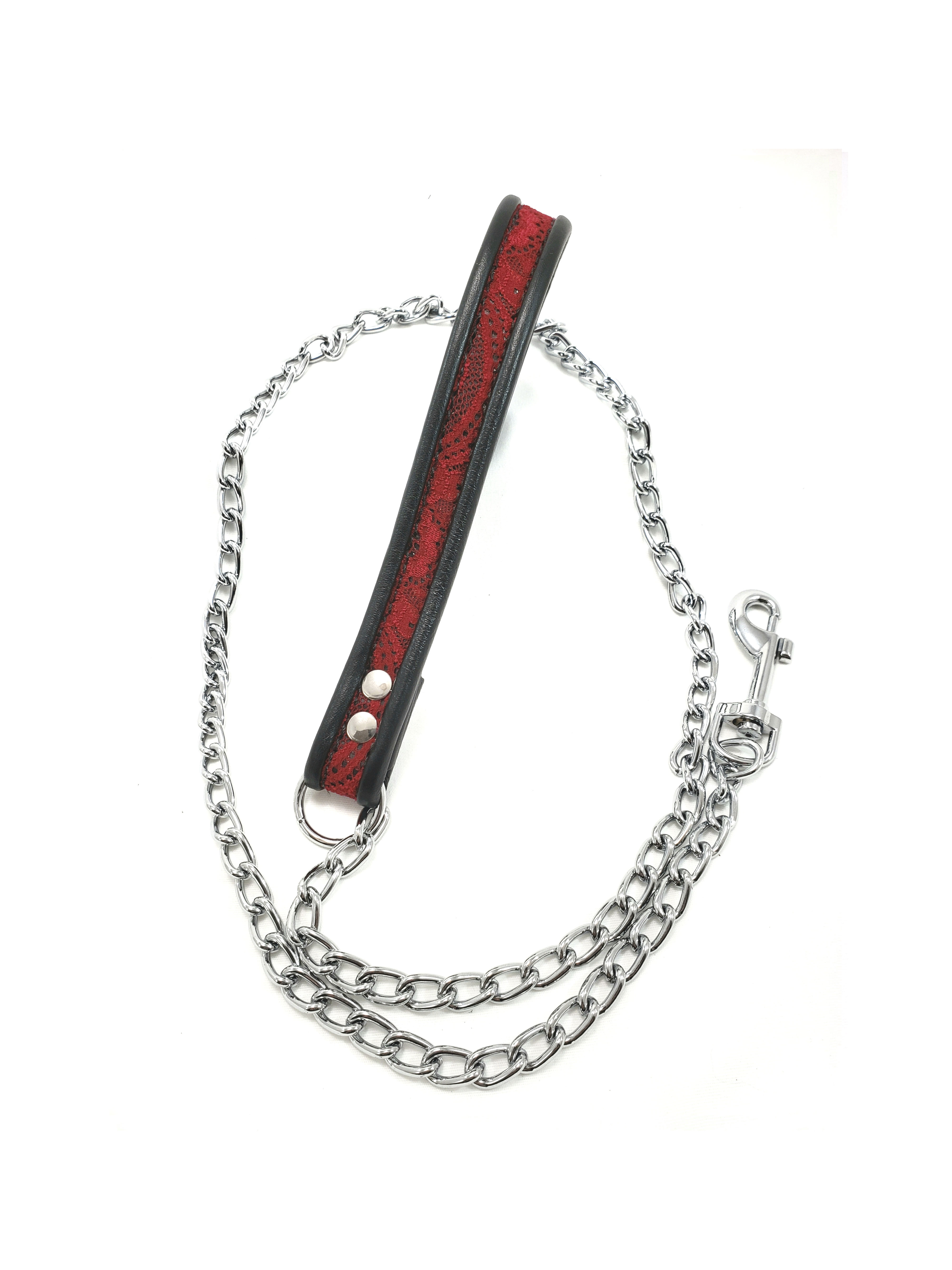 Handmade leather and red lace chain leash with padded leather handle and double metal clips.